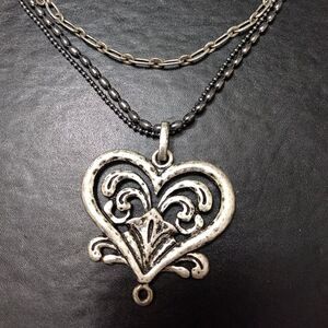 JS silver tone layered heart long necklace 34"